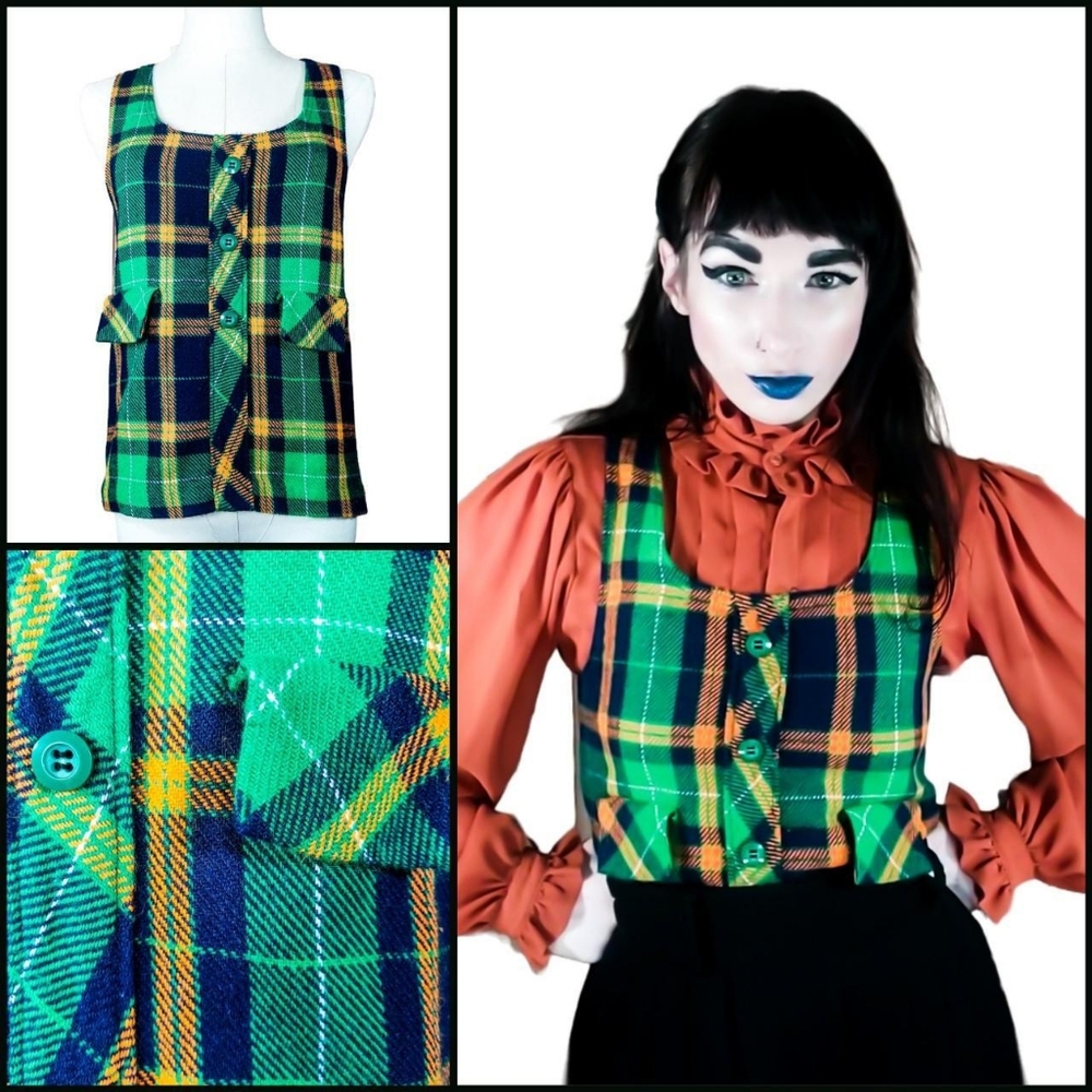 Vintage 1960s Plaid Tartan Vest Green Sleeveless Top Mod Waistcoat